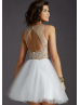 Ivory Tulle Beaded Sheer Jewel Neckline Hole Back Knee Length Prom Dress